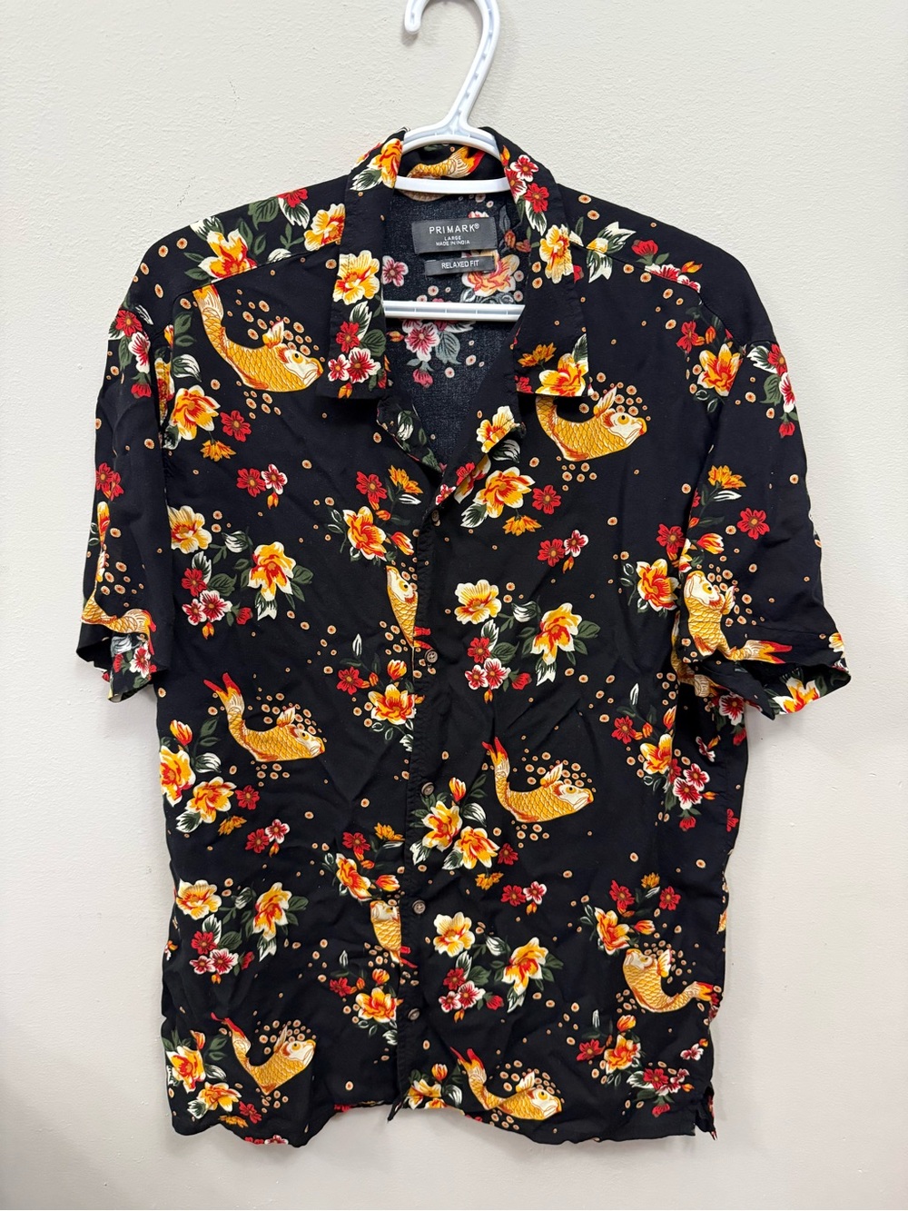 Primark Black Short Sleeve Shirt with Gold Fish & Floral Print Large